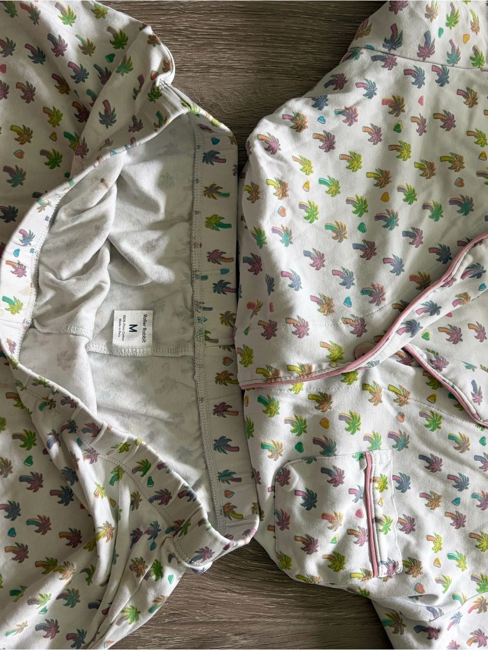 Roller Rabbit White Floral Leaf Print Pajama Set with Pink Trim - Picture 2 of 2